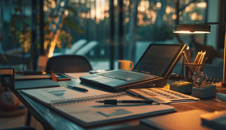 a computer on a desk with financial books
