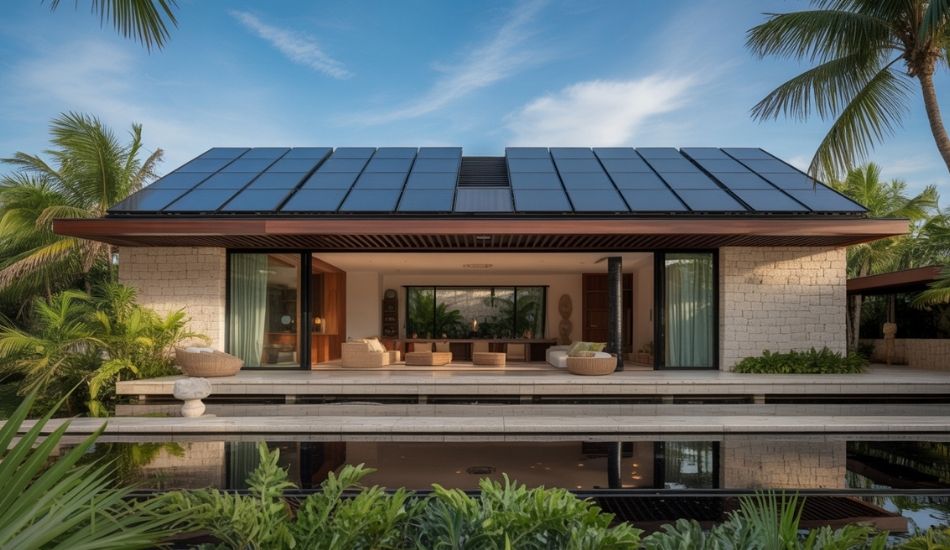 Key features of eco-friendly home in Riviera Maya including solar panels, natural ventilation, and sustainable materials