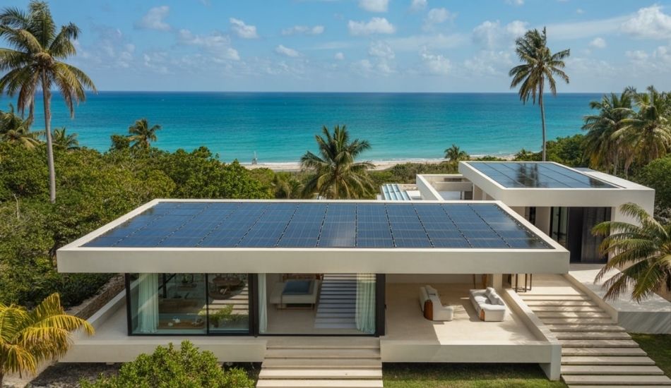 Eco-friendly beachfront villa with solar panels in Riviera Maya, representing sustainable real estate investment opportunities.
