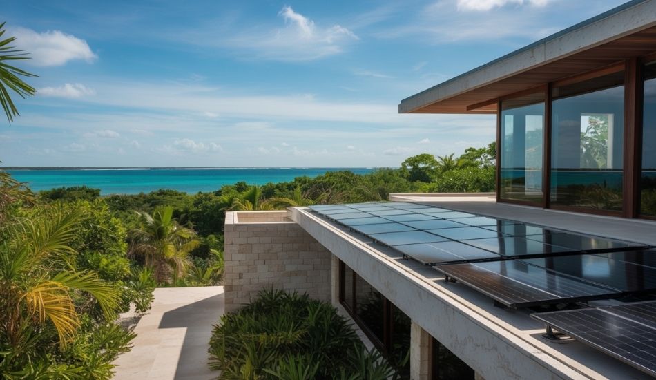 Eco-friendly homes in Riviera Maya with solar panels and tropical surroundings