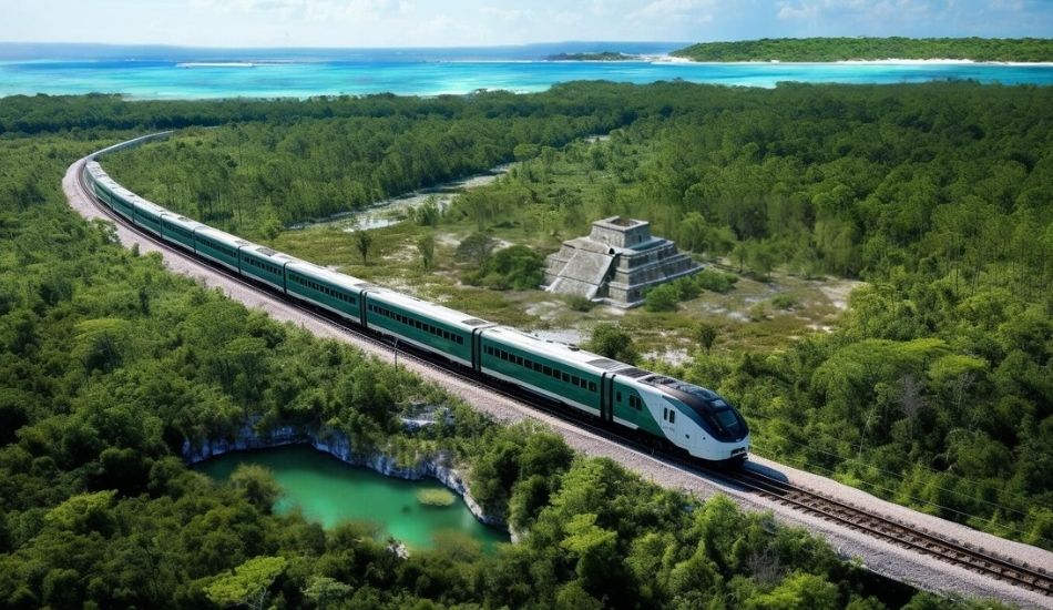The Maya Train traveling through the lush jungle of the Riviera Maya, near a Mayan pyramid and cenotes, representing new infrastructure developments that support those looking to invest in Tulum in 2025.