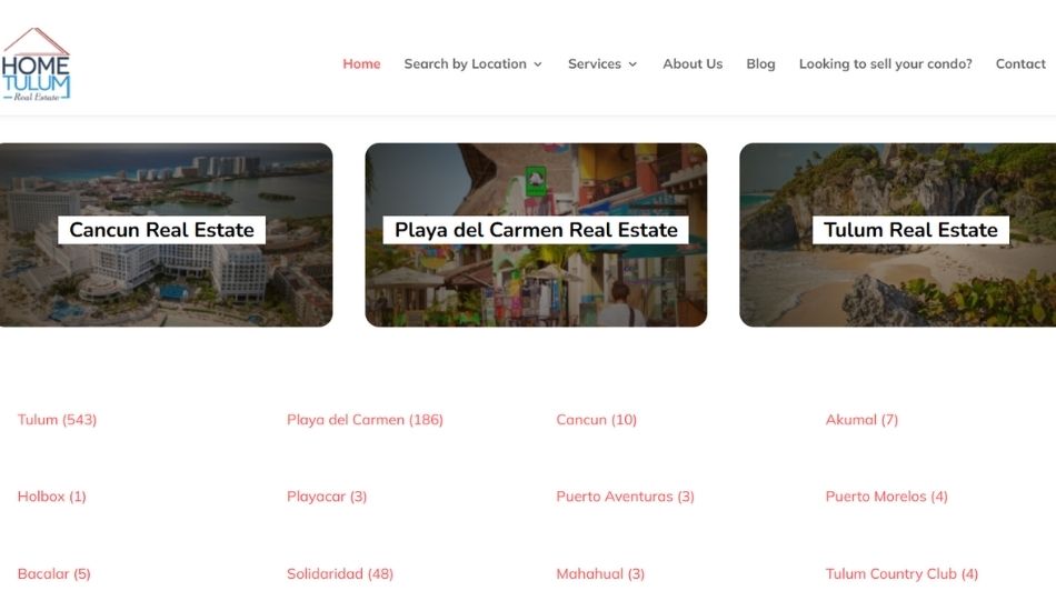 Website categories showcasing Cancun, Playa del Carmen, and Tulum real estate listings.