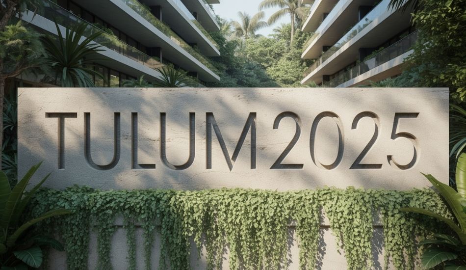 Modern condominium complex in Tulum surrounded by lush greenery, featuring a large stone sign engraved with “TULUM 2025.”