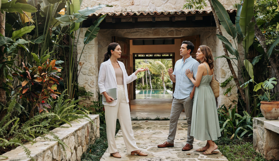 Real estate advisor showing a luxury property in Tulum to prospective homebuyers