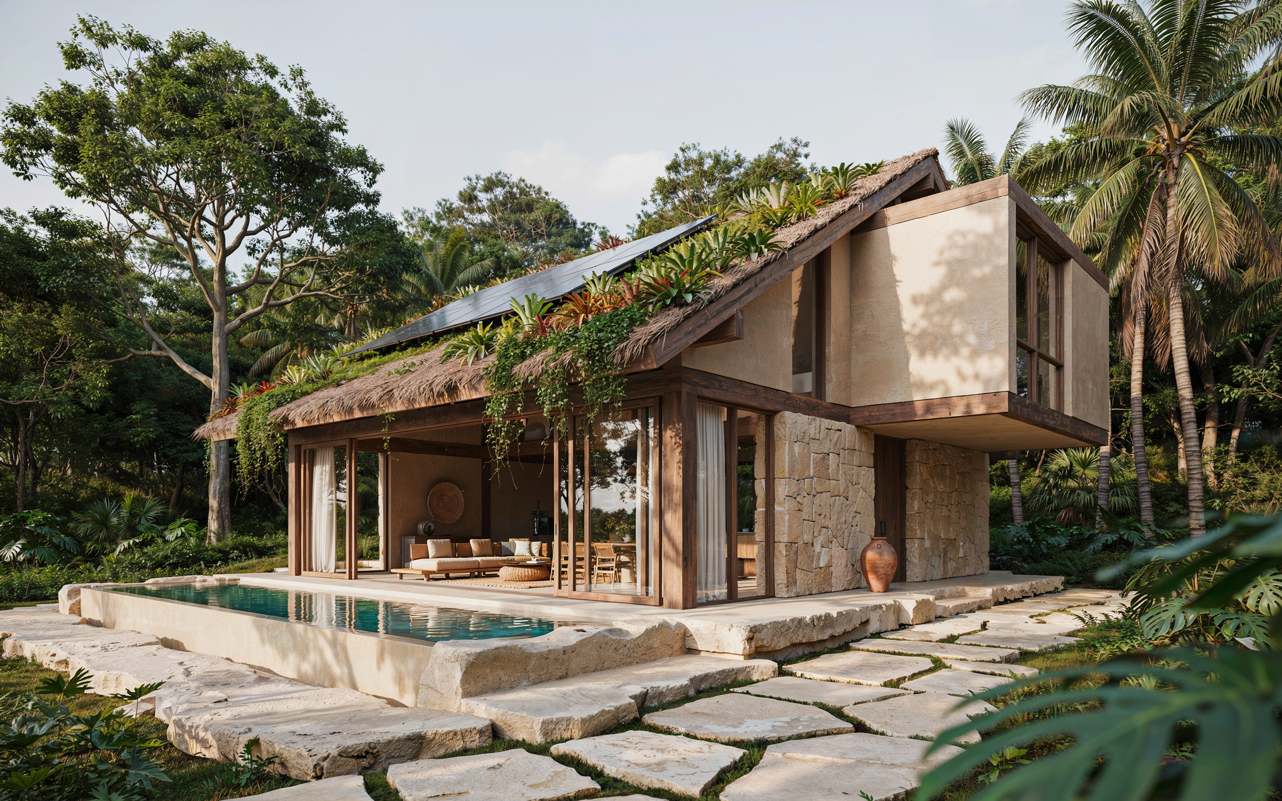 Eco-friendly luxury villa in Tulum with rooftop solar panels, green roof, and sustainable architecture surrounded by tropical jungle