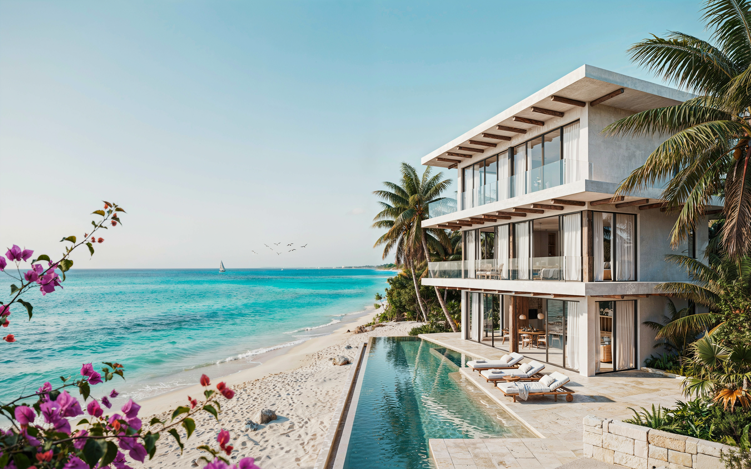 Luxury beachfront property in Tulum overlooking the Caribbean Sea